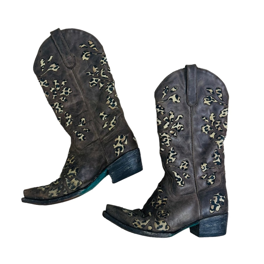 Lane Boots Cowboy Cowgirl Western Brown Leather Leopard Cheetah Print Women’s 8